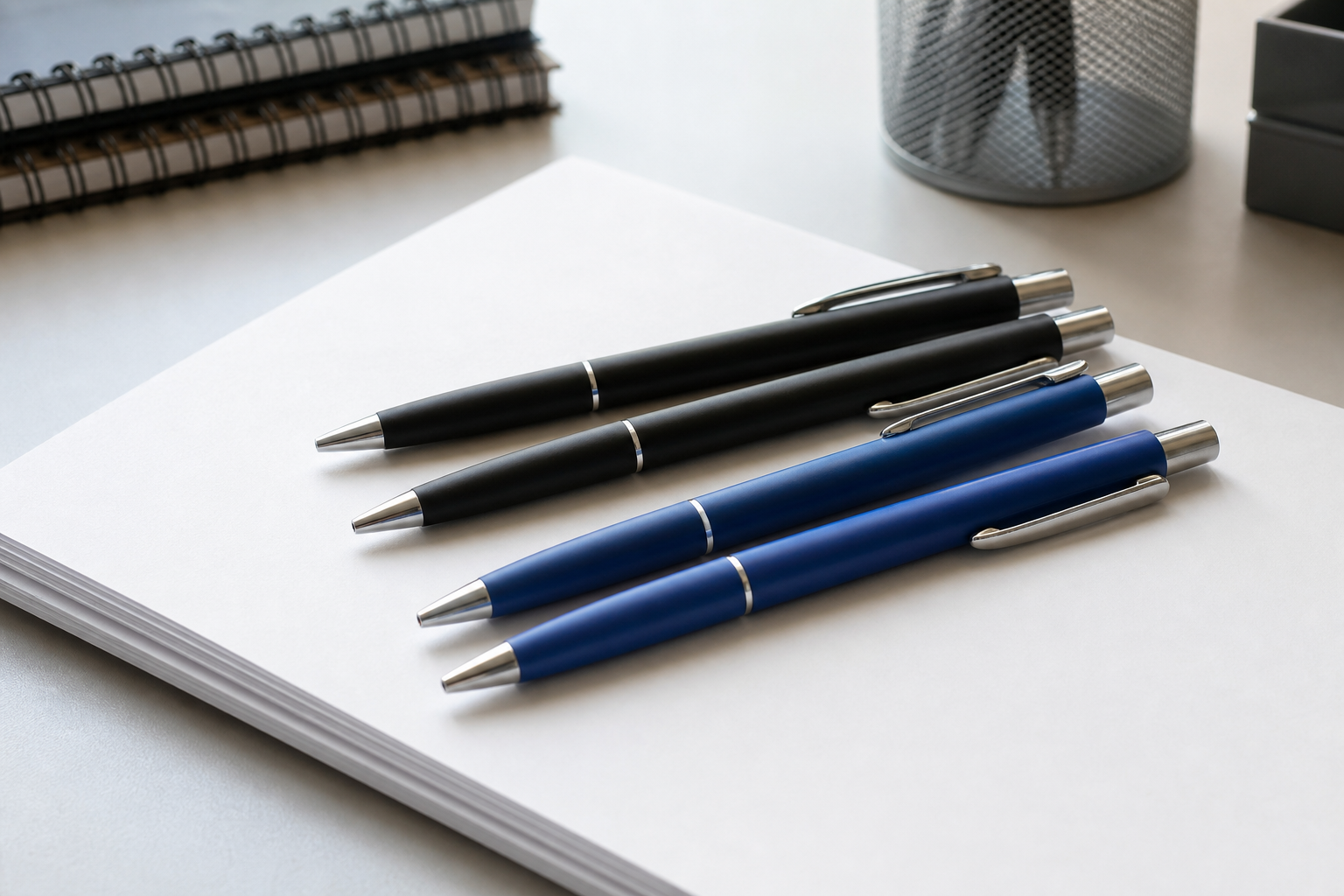Set of blue and black ballpoint pens arranged on paper