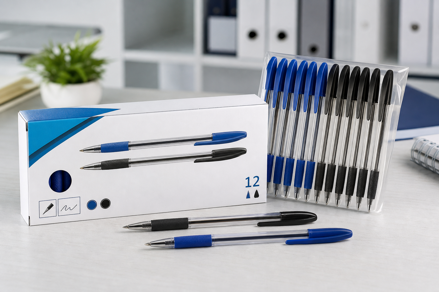 Pack of blue and black ballpoint pens arranged on a neutral office surface