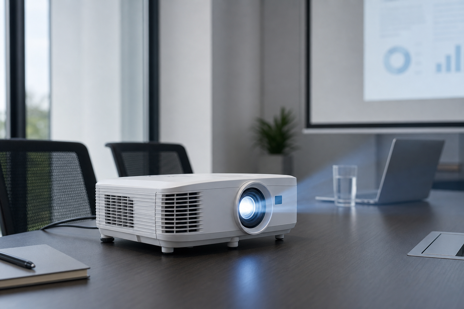 Business projector on a meeting table projecting presentation light