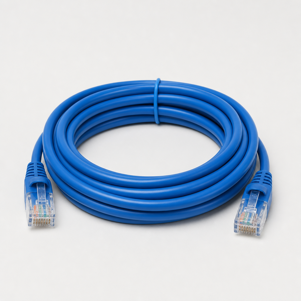 Blue Cat6 ethernet network cable with transparent RJ45 connectors