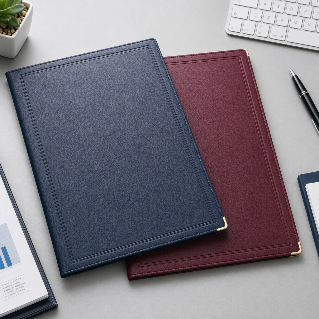 Premium certificate covers in navy and burgundy with clean textured finish