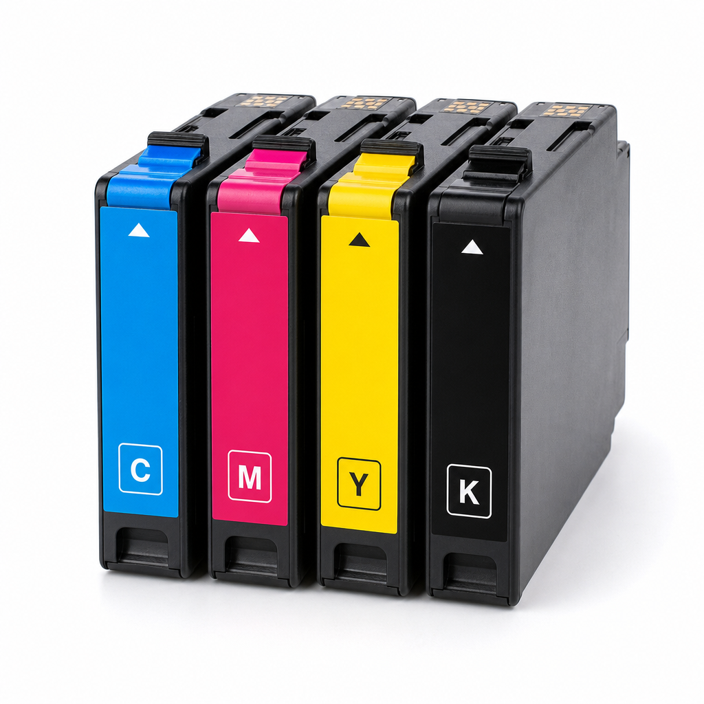 Set of cyan magenta yellow and black ink cartridges arranged on white surface