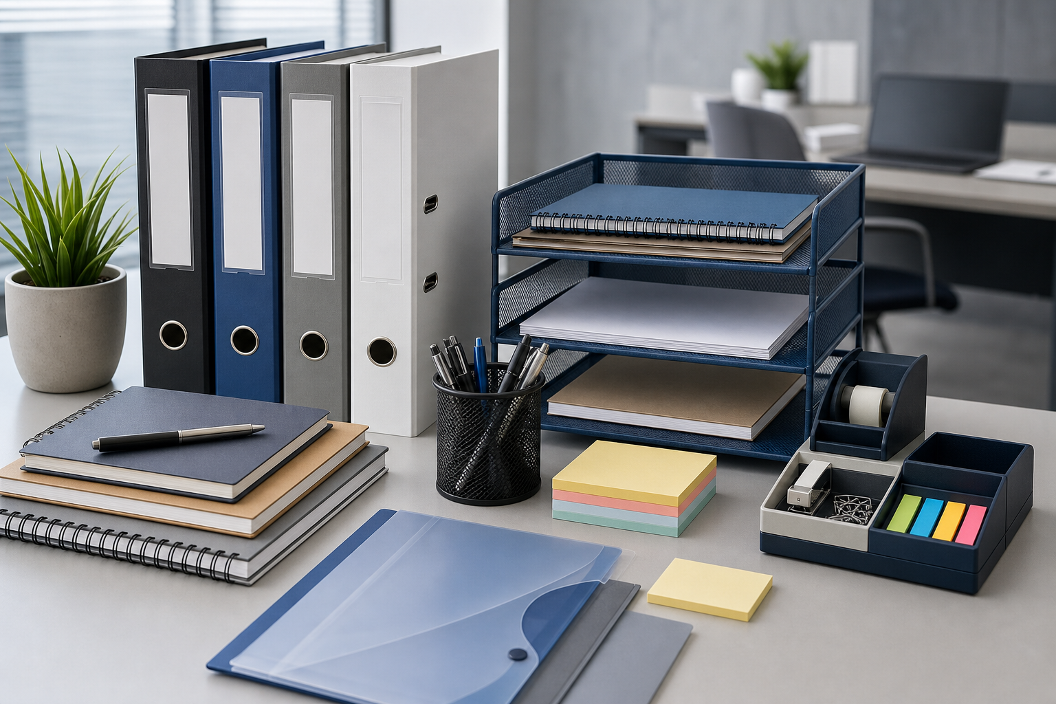 Neatly arranged office supply products including notebooks, files, pens, and desk accessories on a clean worktable