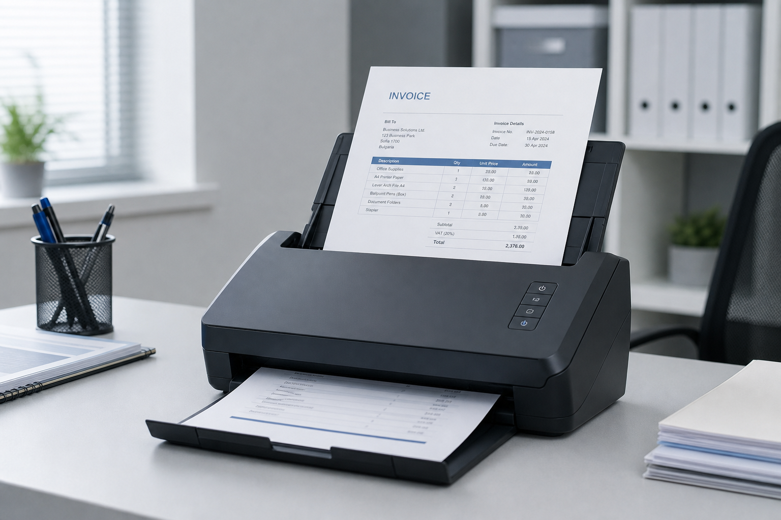 Compact desktop document scanner processing an invoice sheet