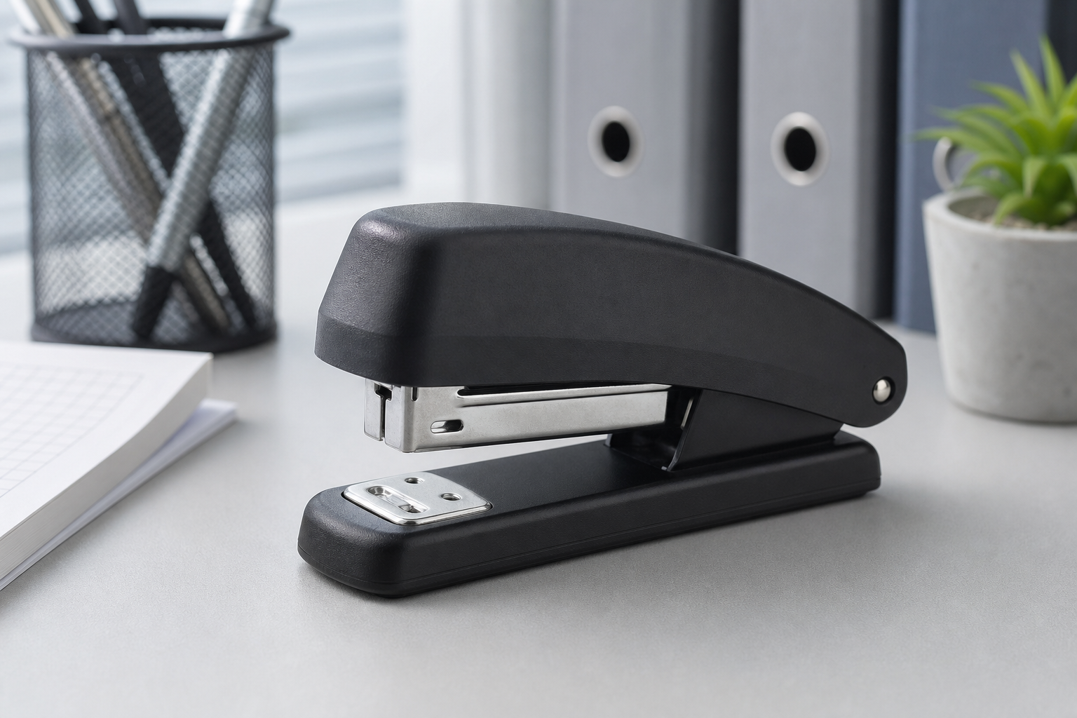 Black metal desktop stapler on a clean office desk