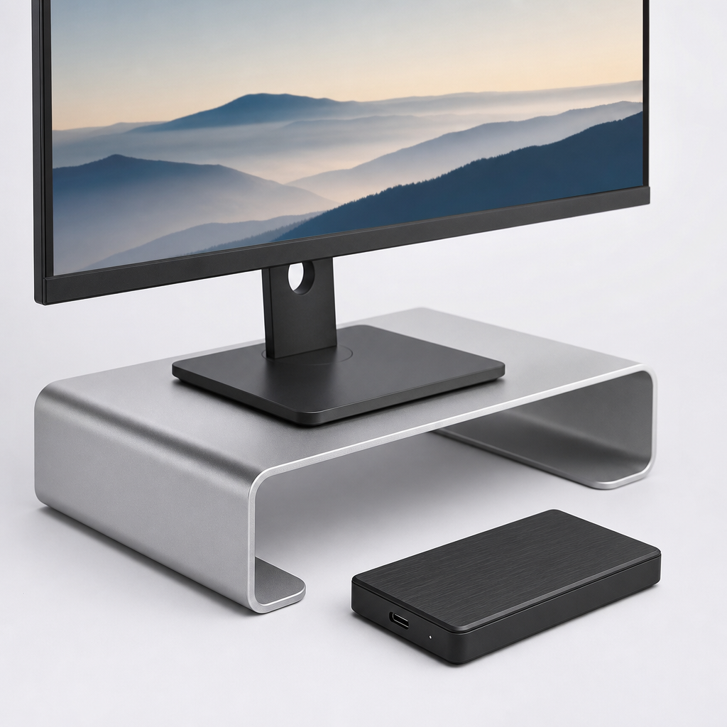 Aluminum monitor display stand paired with a slim external hard drive enclosure