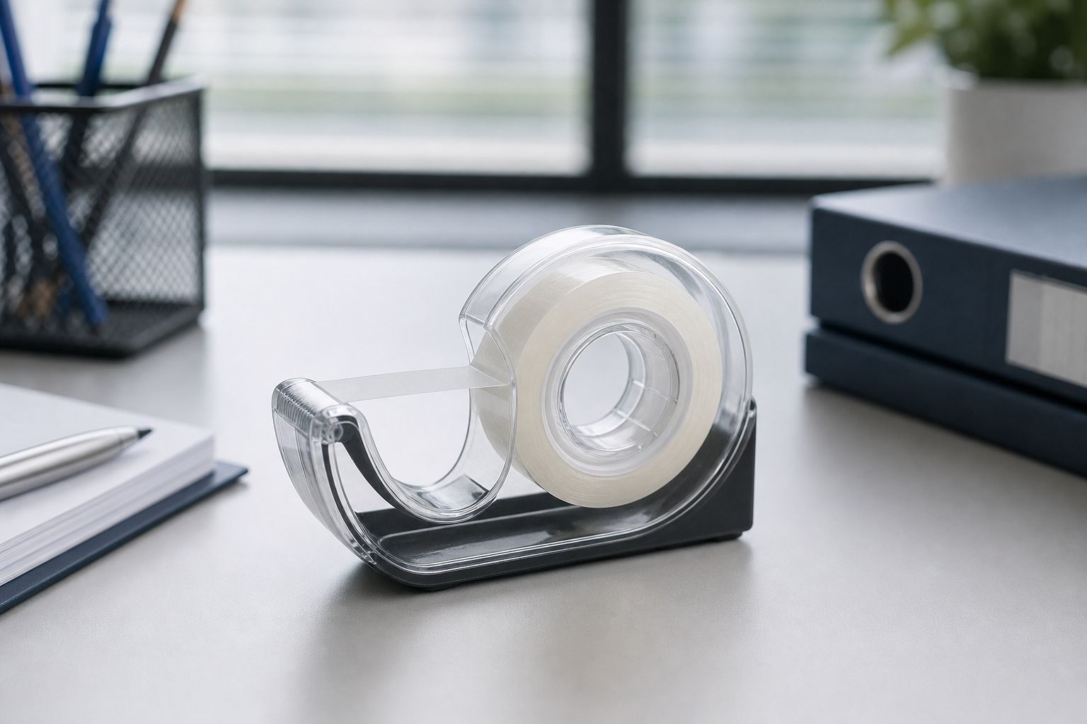 Transparent double-sided tape roll with dispenser on desk