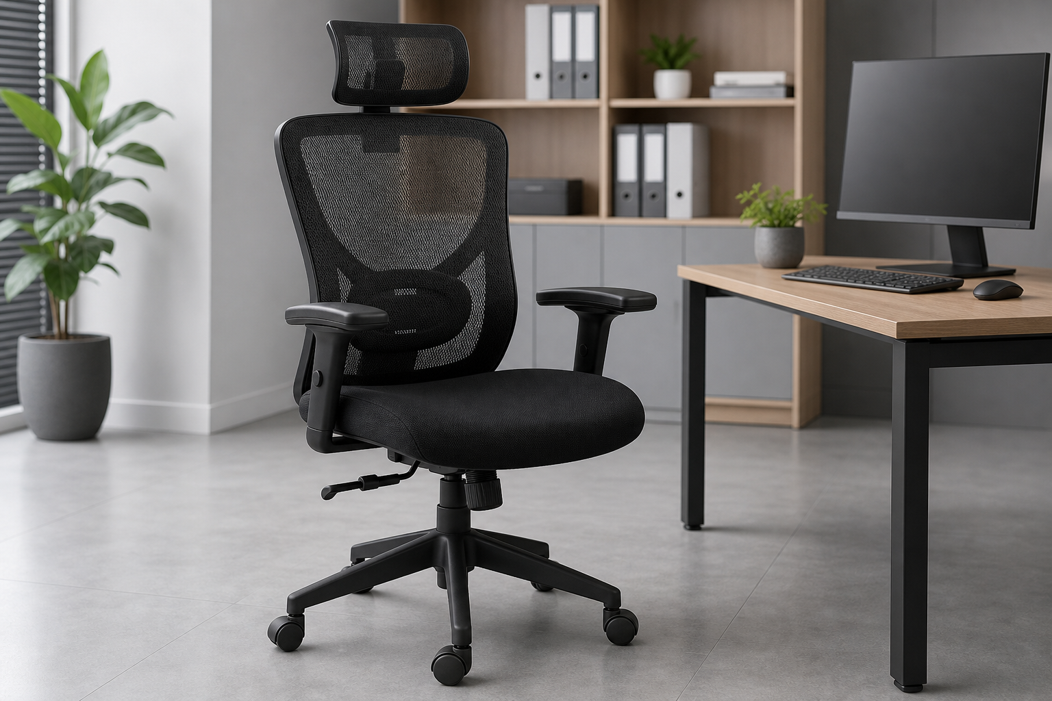 Black ergonomic mesh office chair with adjustable armrests
