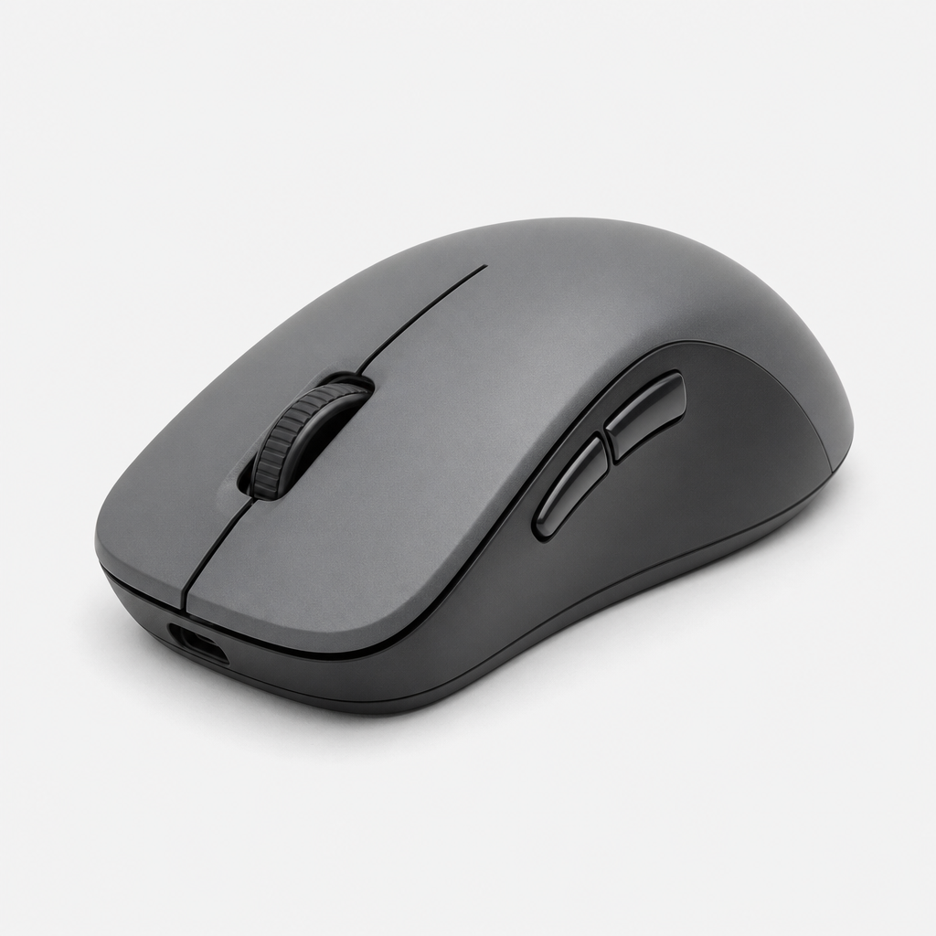 Matte gray ergonomic optical mouse with side buttons