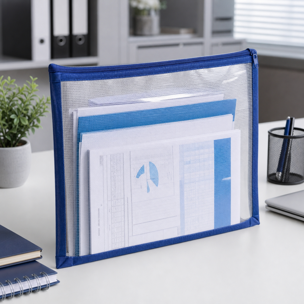 Transparent zip file bag with colored trim holding A4 documents