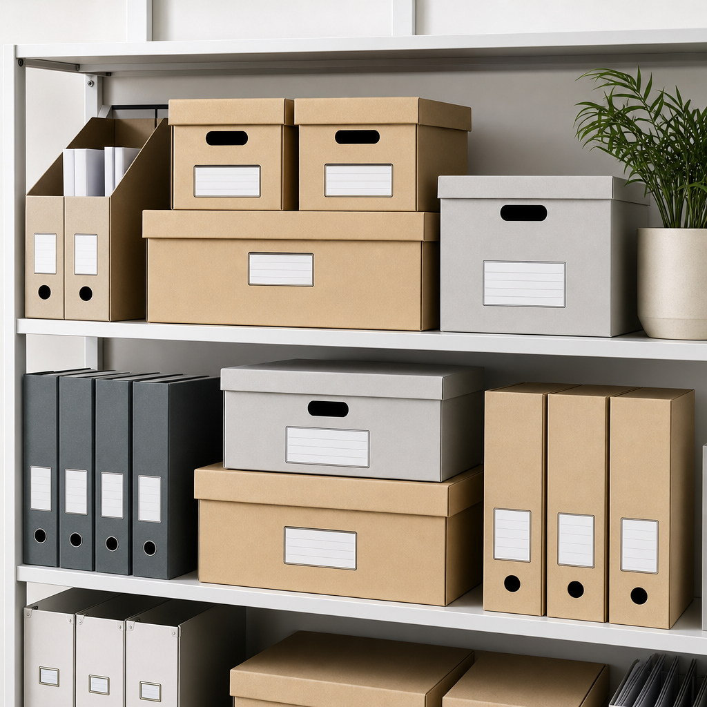 Stack of labeled archive file boxes in neutral colors on shelving
