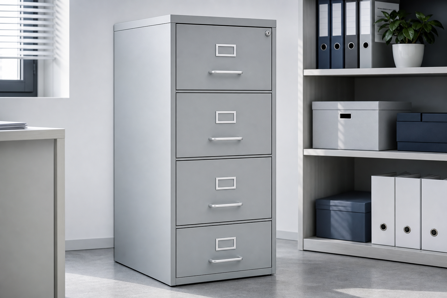 Four-drawer metal filing cabinet with label holders