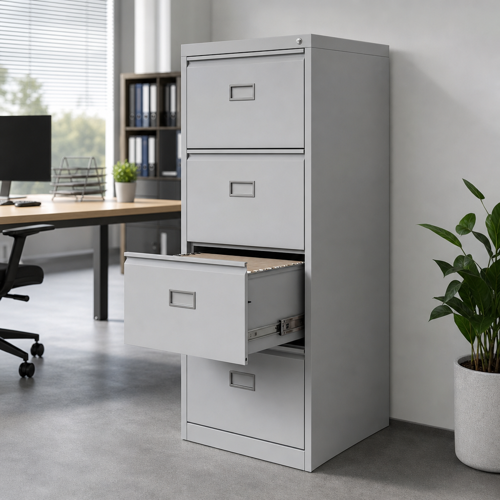 Four-drawer metal filing cabinet in light gray with hanging files
