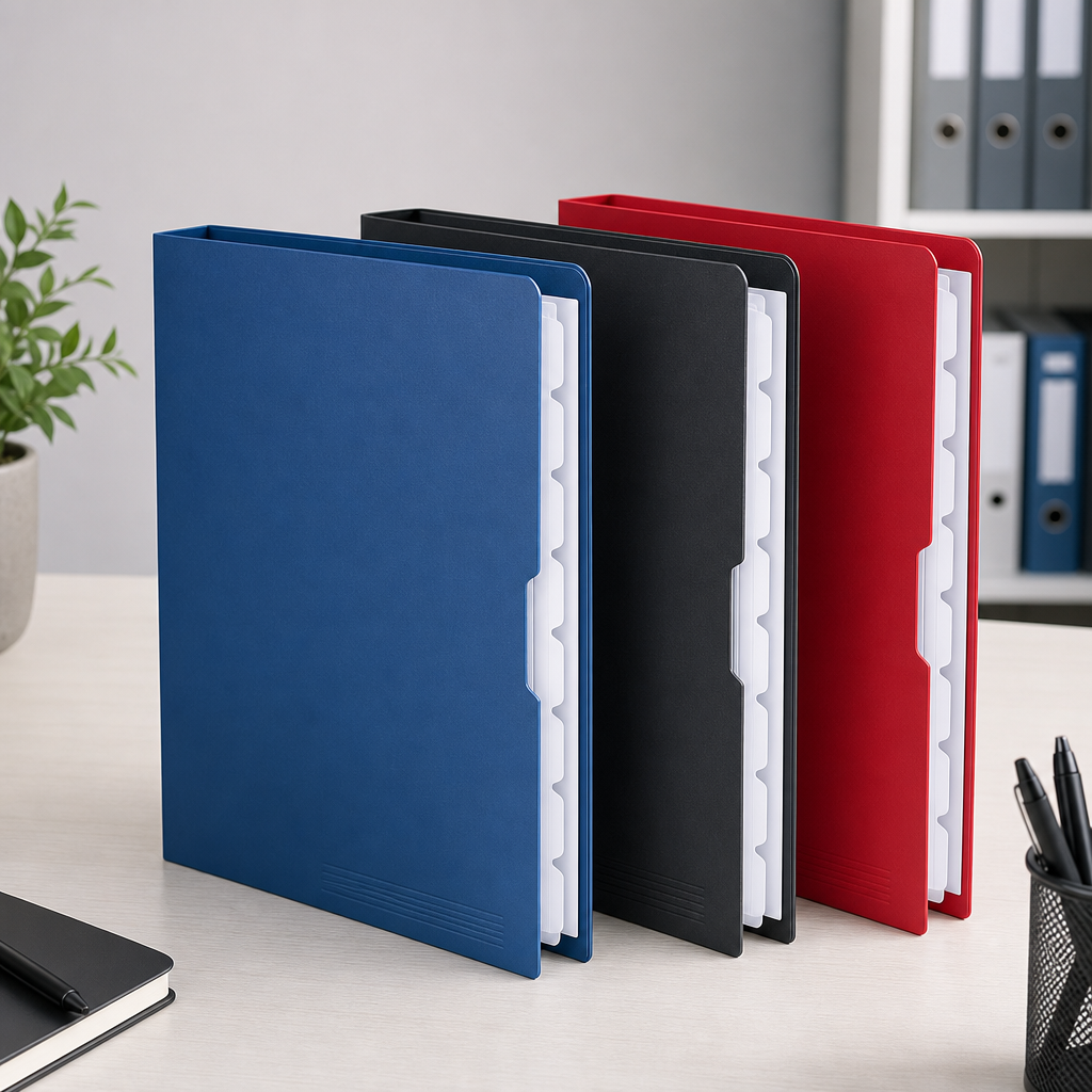 Assorted office folders in blue, black, and red arranged upright on a desk