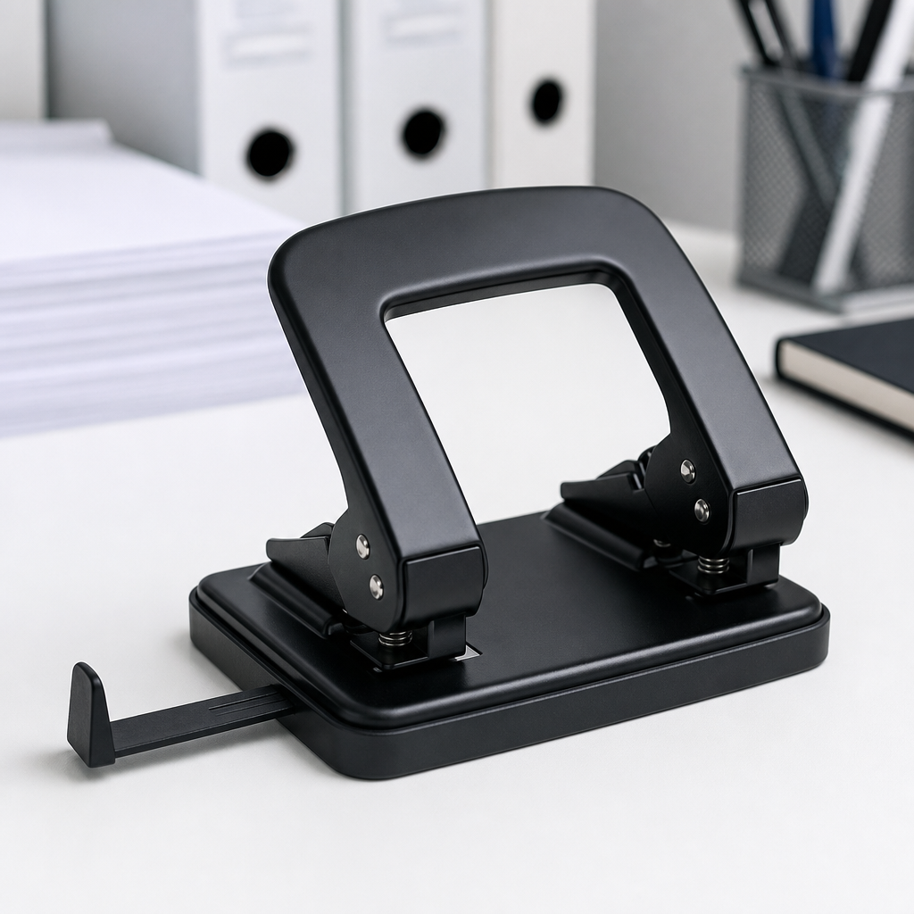 Heavy-duty two-hole puncher in matte black on a clean office table
