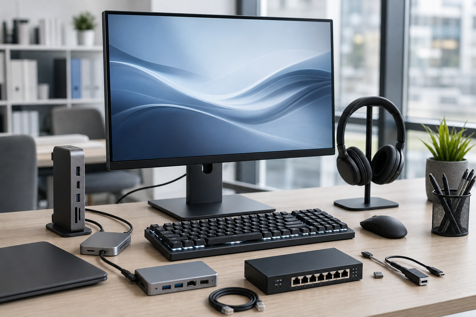 Computer and digital peripheral equipment including keyboards, monitors, mice, docking stations, and network accessories