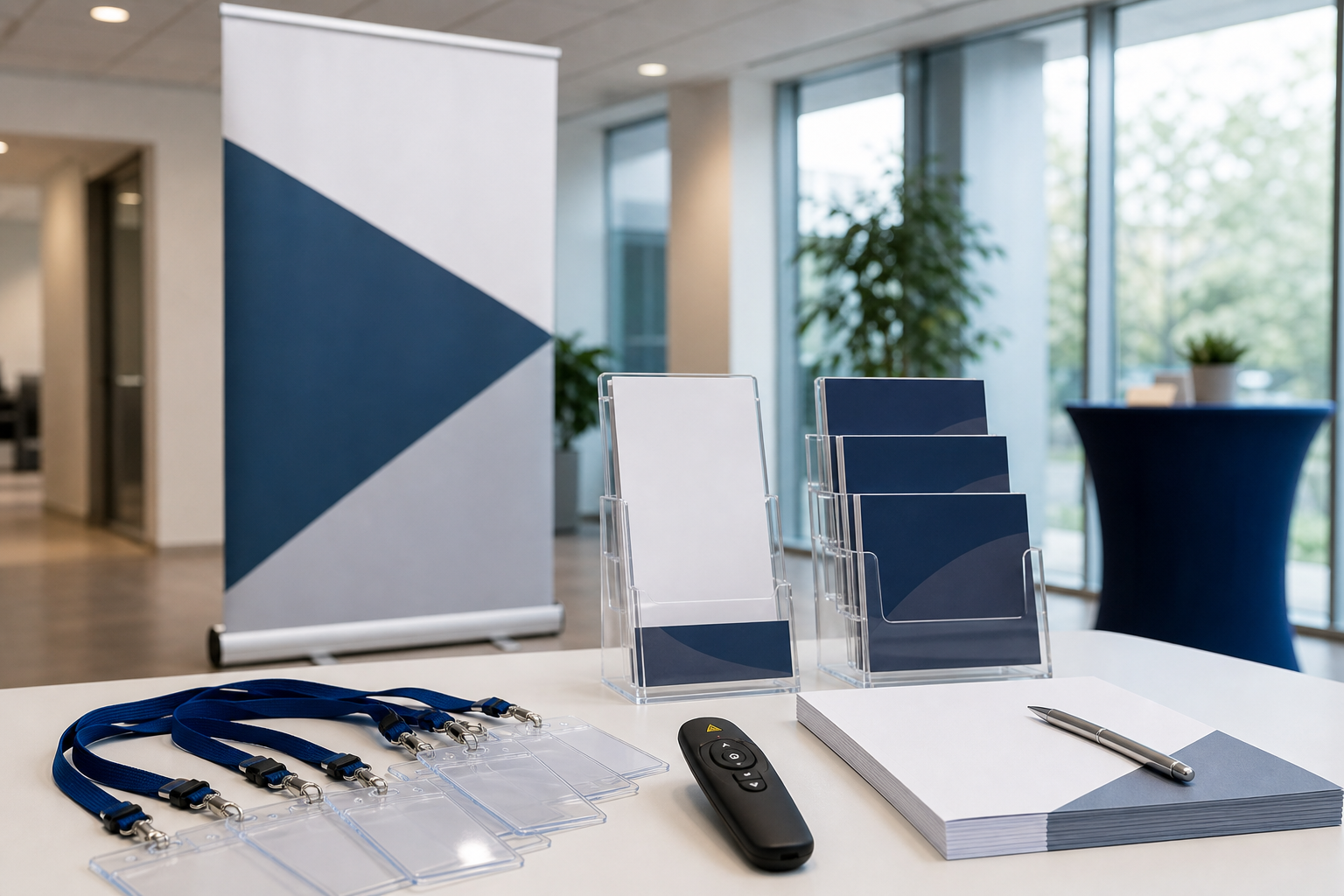 Conference and exhibition supplies including display stands, badge holders, presentation materials, and event desk items