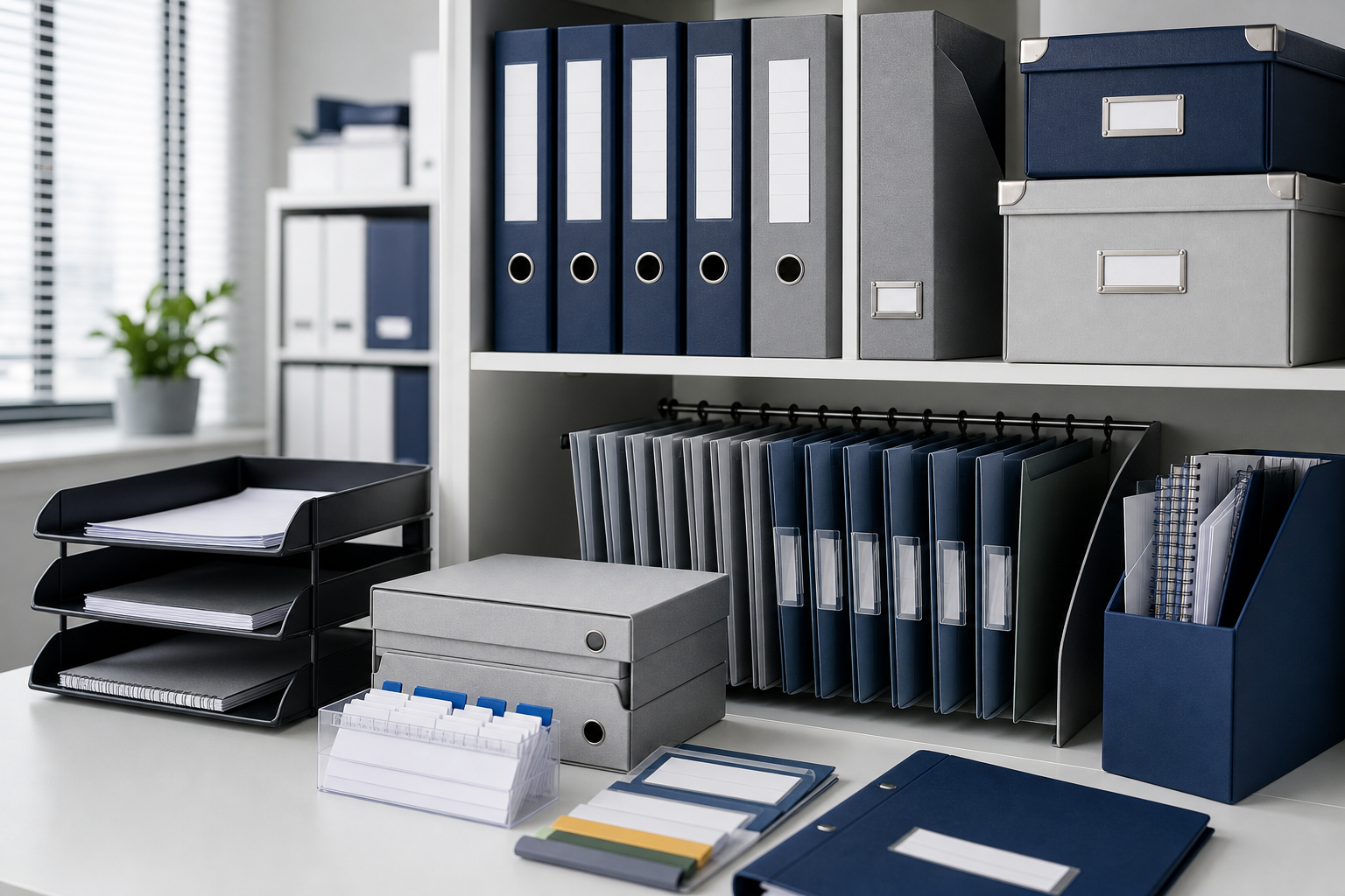 Document and file management supplies including binders, folders, archive boxes, and label tabs on office shelving