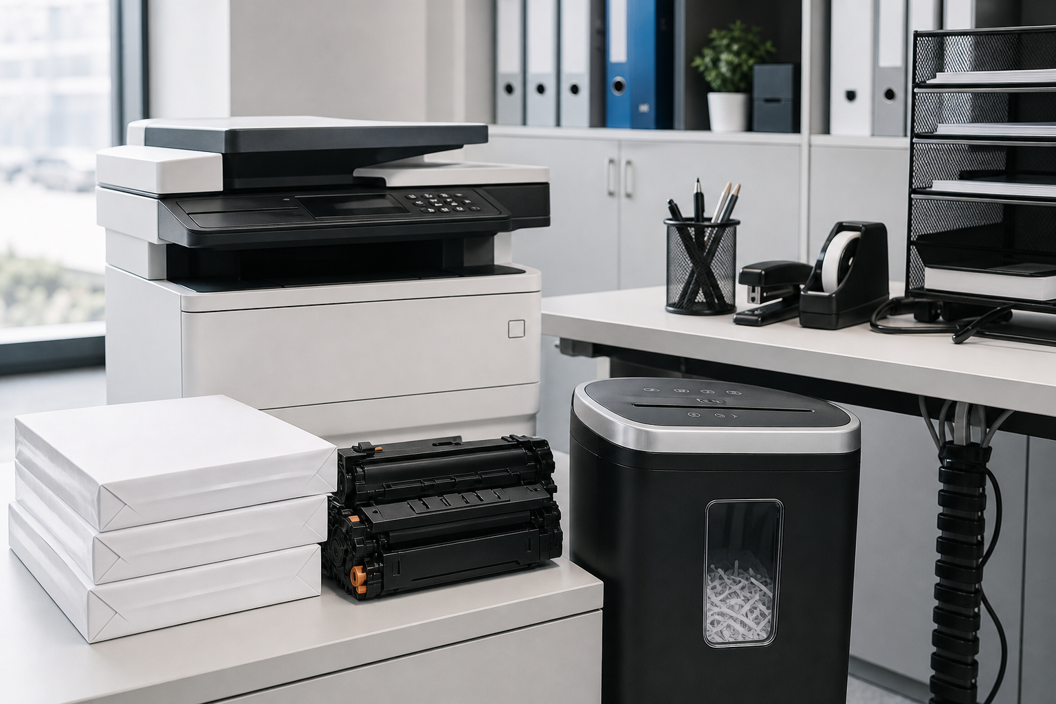 Office equipment and consumables such as printers, toner cartridges, shredders, and paper reams in a professional work area