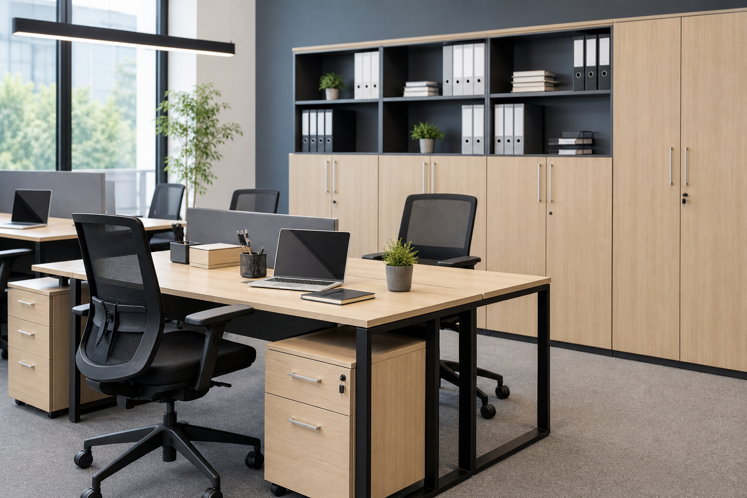 Modern office furniture including ergonomic chairs, modular desks, and storage cabinets in a clean corporate interior