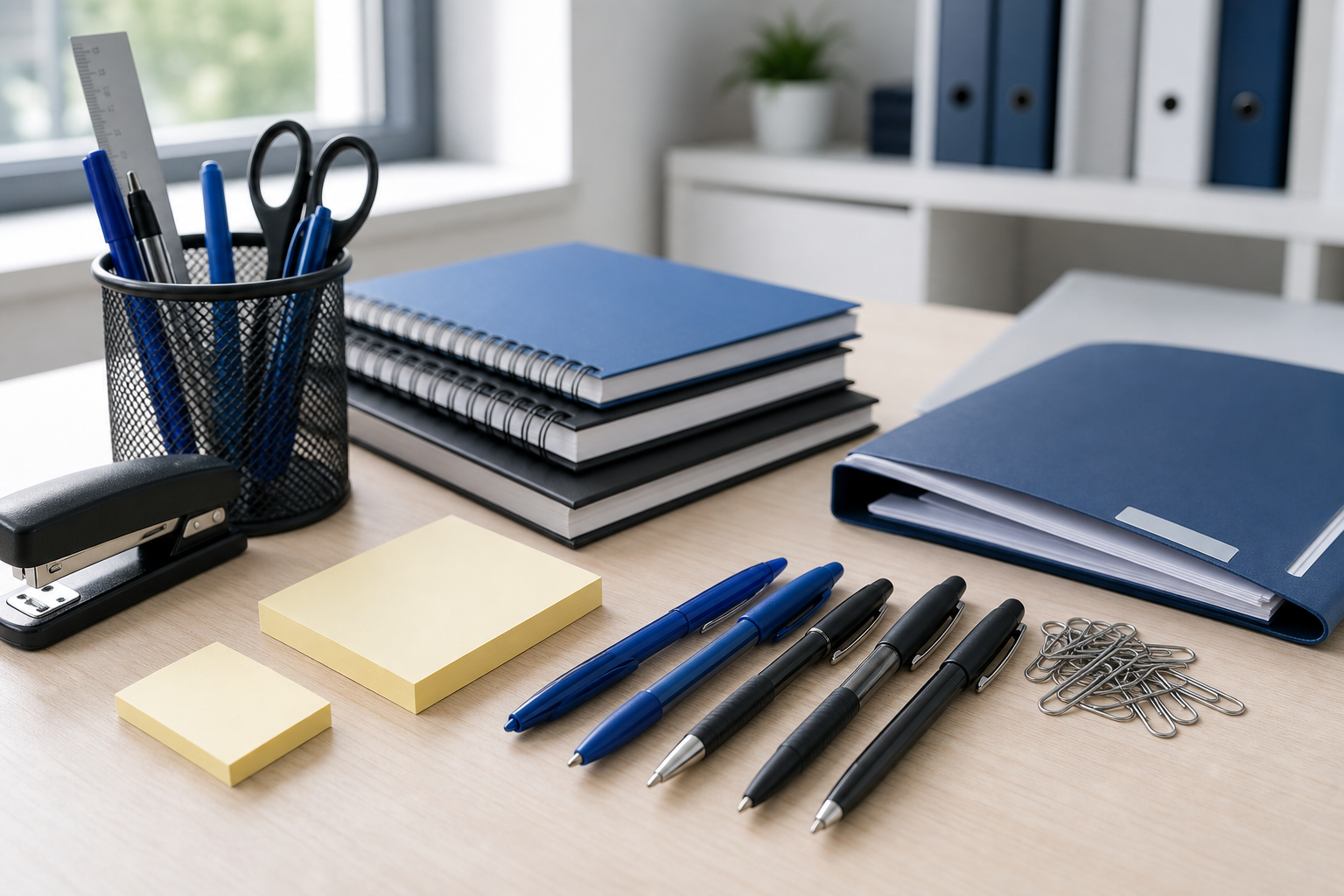 Office stationery products including pens, notebooks, sticky notes, and desk organizers arranged on a modern office desk