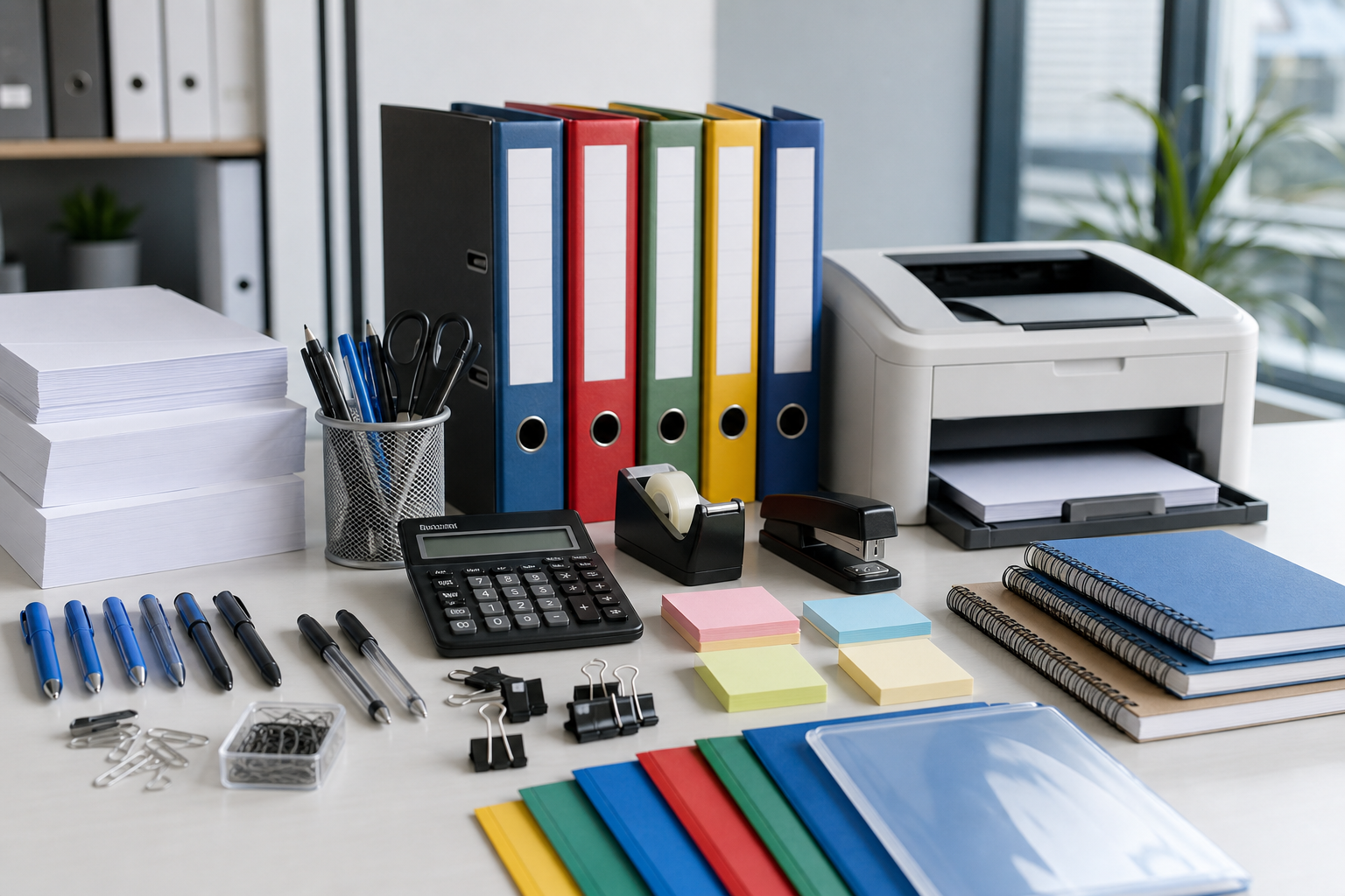 Realistic office supplies collage with printer paper reams, pens, folders, office devices, and desk accessories arranged in a professional commercial setting
