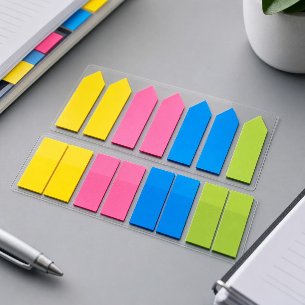 Set of multicolor index stickers and tabs arranged in neat rows