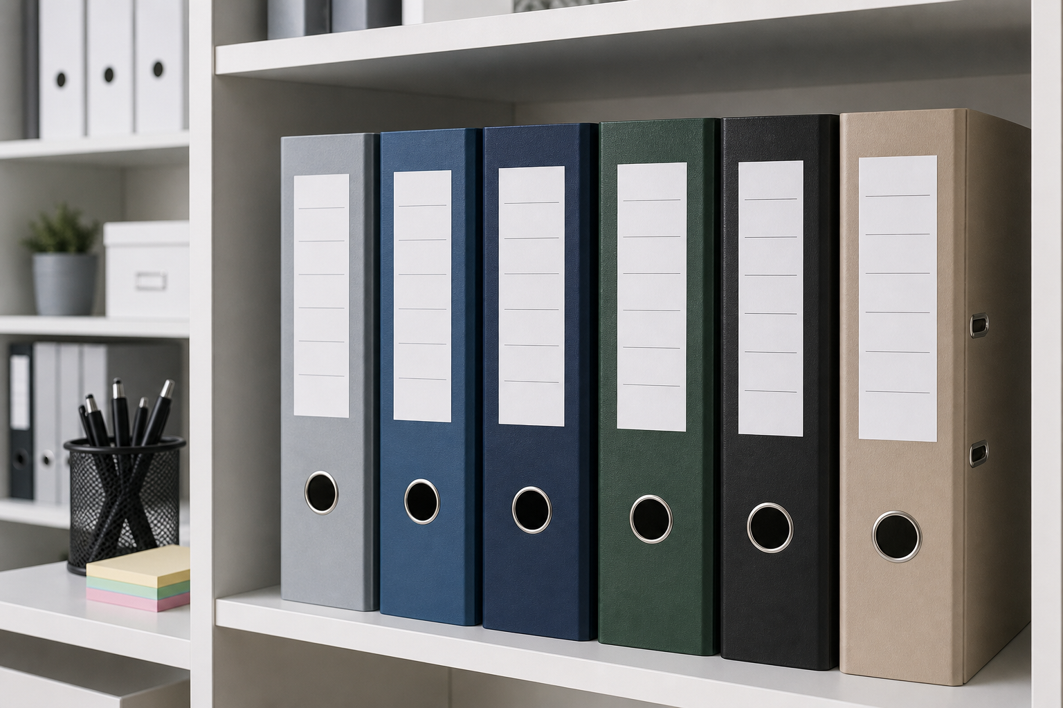 Row of A4 lever arch folders in office filing colors