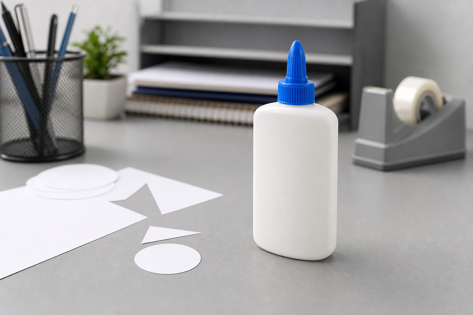 White liquid glue bottle with blue cap beside paper materials