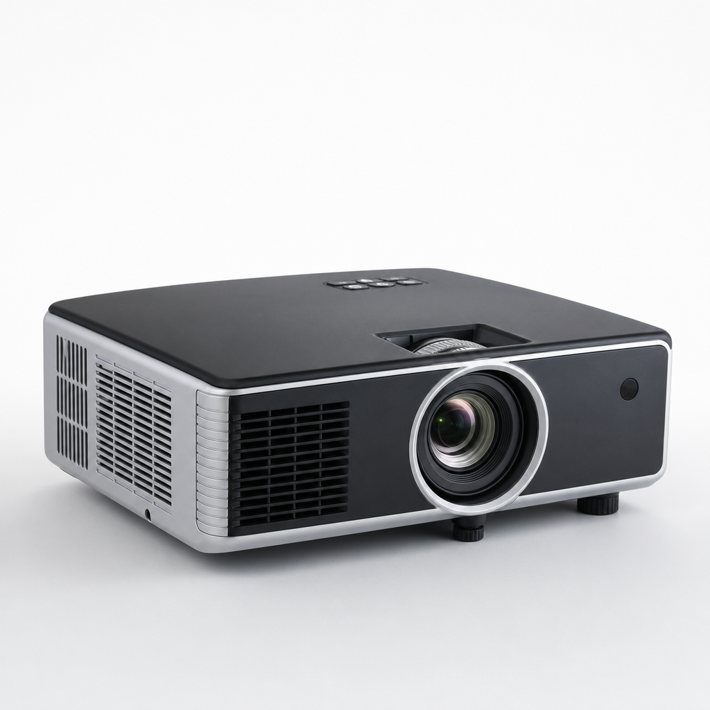 Portable business projector with lens front and compact rectangular housing