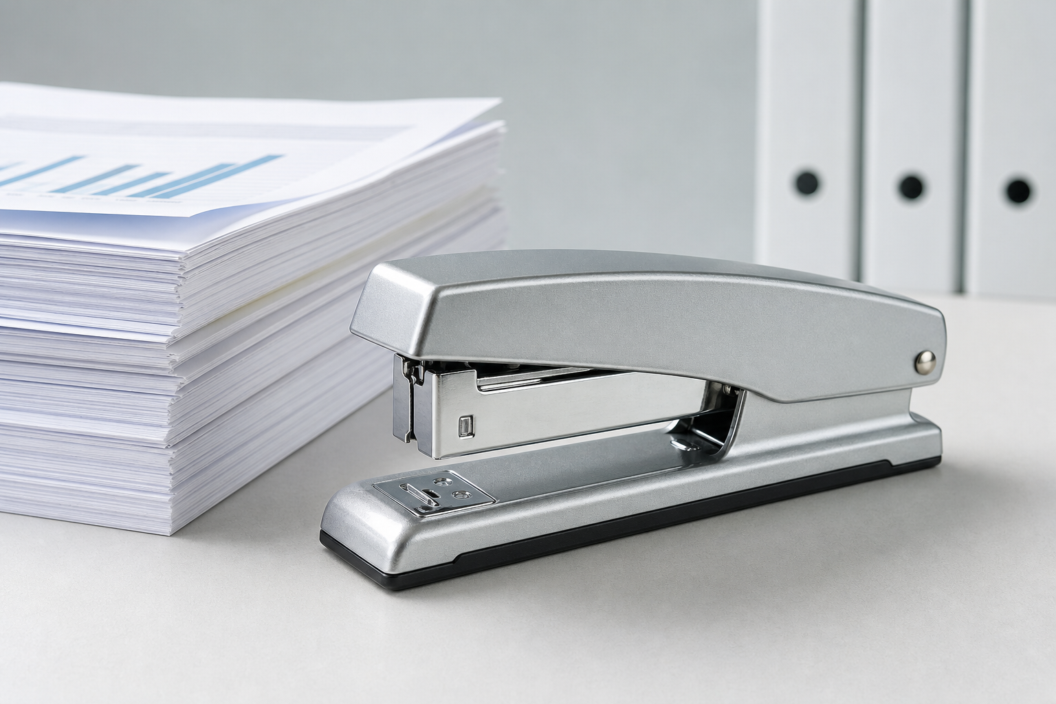 Silver metal desktop stapler placed beside stacked documents