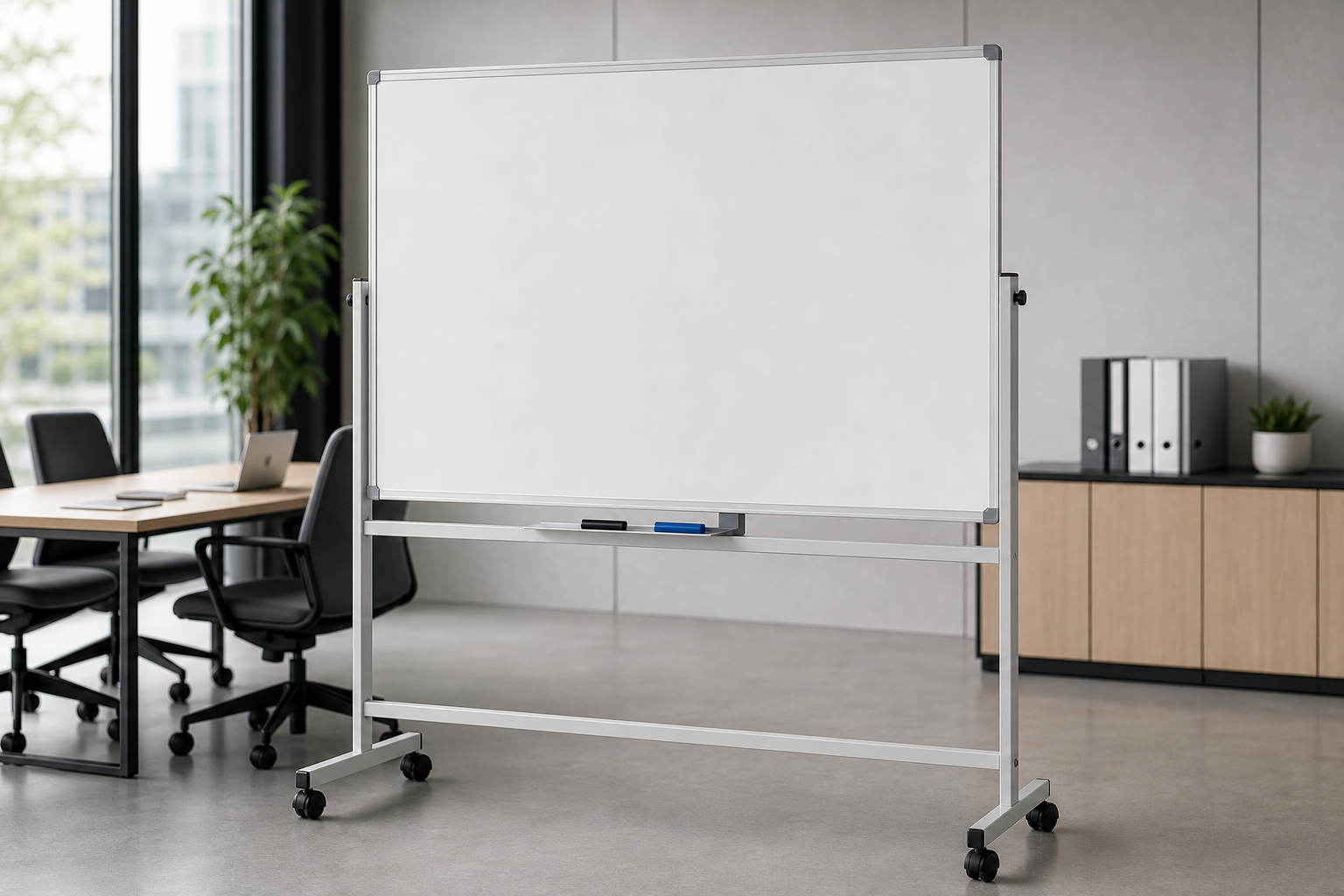 Mobile whiteboard stand with caster wheels in a meeting room