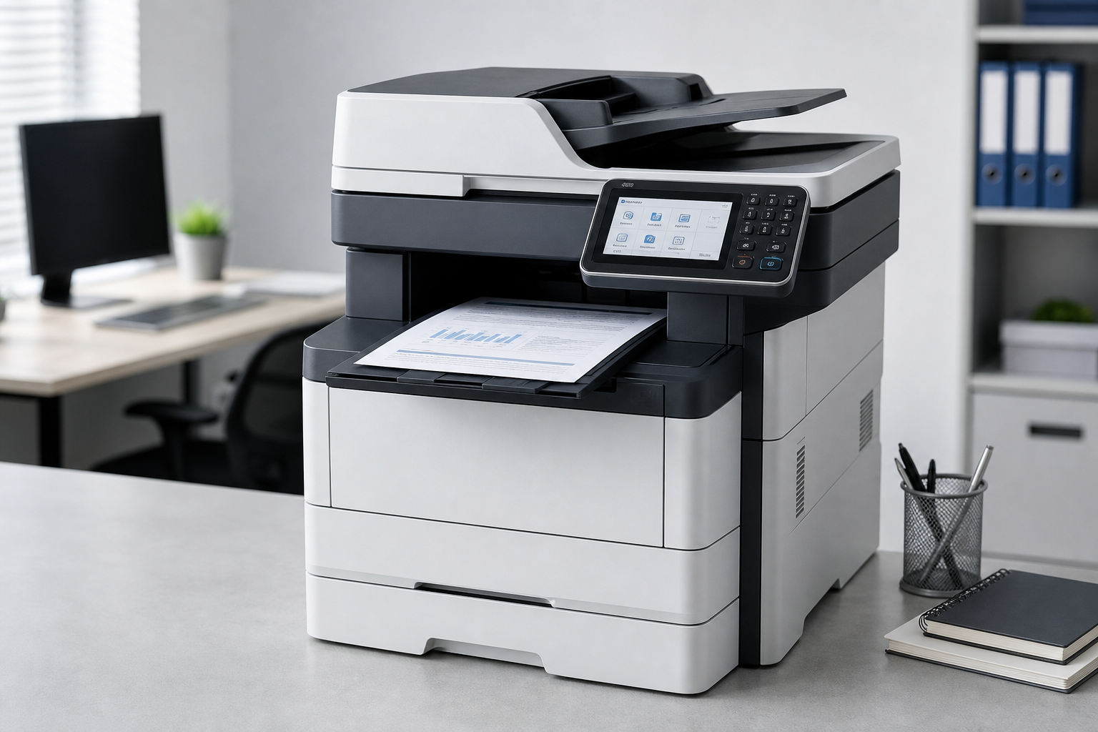 Modern multifunction office printer with print tray and control panel
