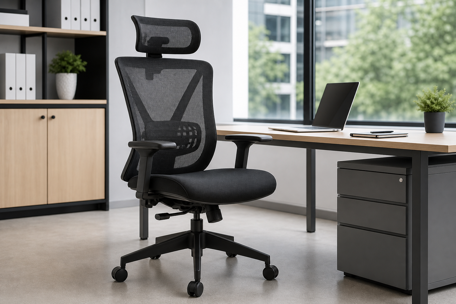 Ergonomic office chair in black mesh with adjustable armrests and lumbar support beside a clean desk