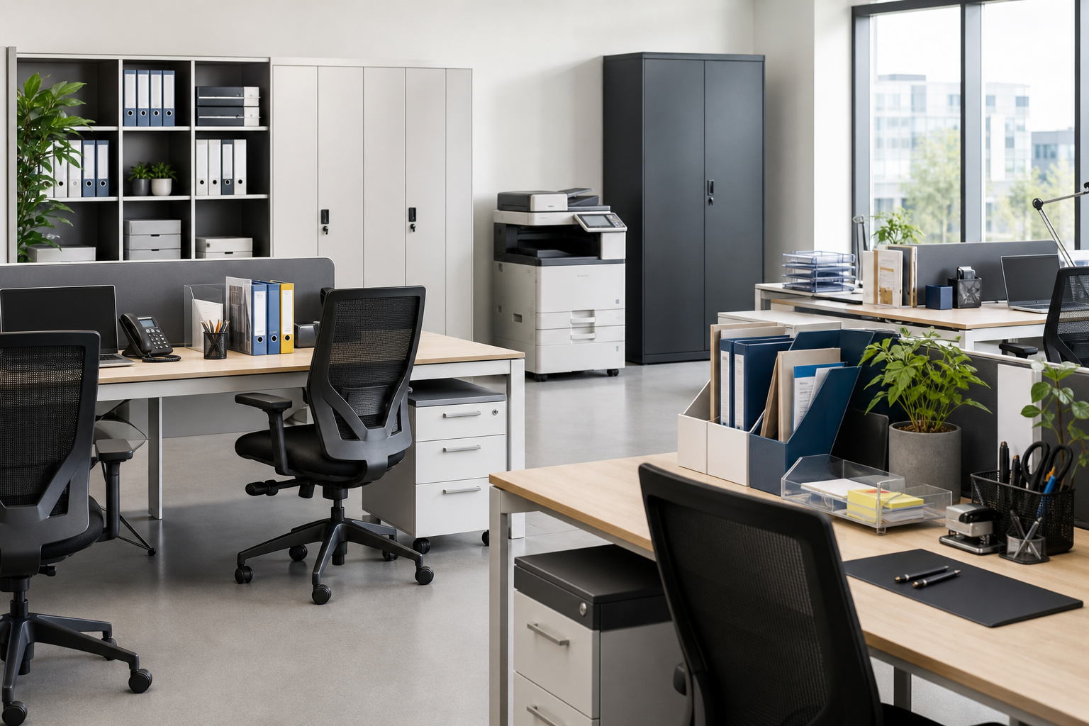 Modern office workspace with ergonomic chairs, storage cabinets, printers, and desk consumables