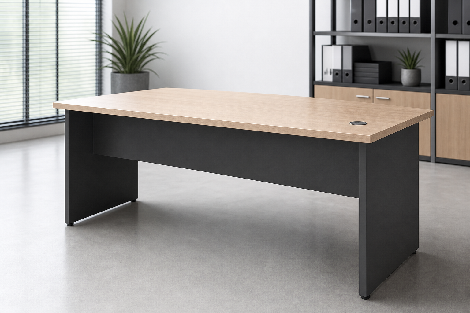 160 cm office desk with clean tabletop and cable management port