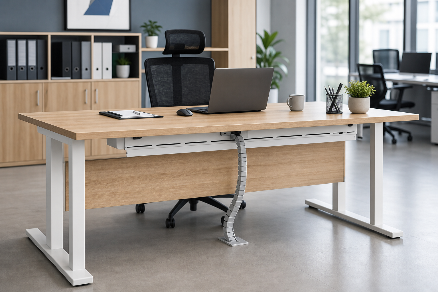 Modern office desk workstation with wood top, white frame, and integrated cable management in a bright professional office