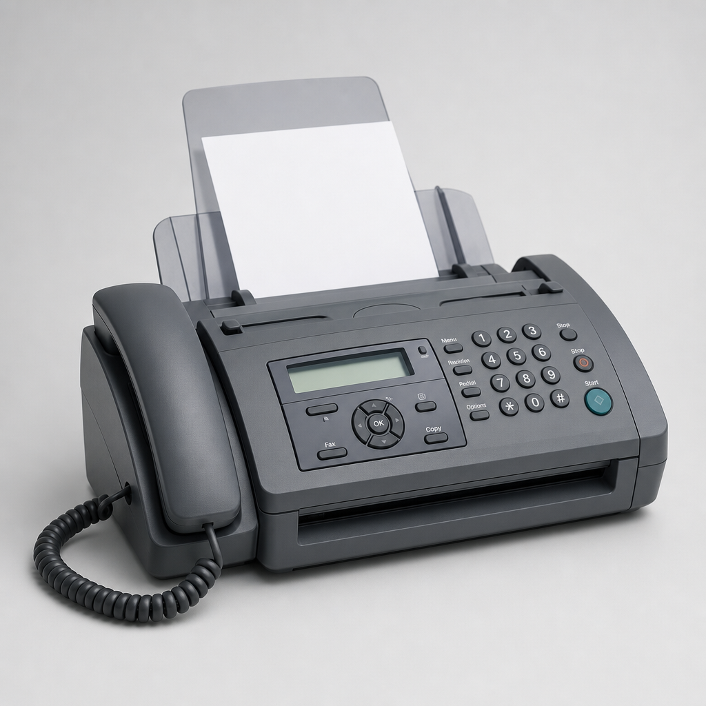 Desktop office fax machine with telephone handset and paper feed