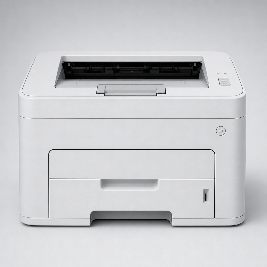 Compact monochrome office laser printer with front paper tray and top output slot