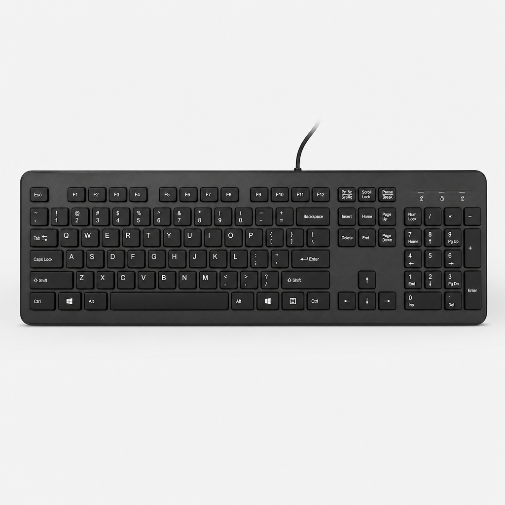 Full-size black wired office keyboard with low-profile keys