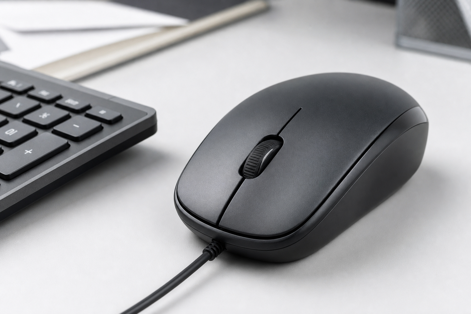 Wired optical office mouse beside keyboard