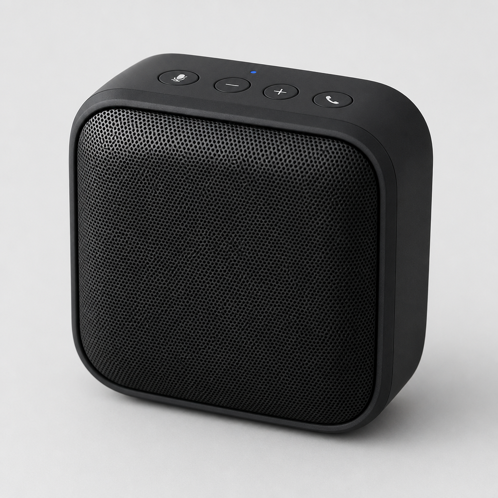Compact black portable conference speaker with front mesh and control panel