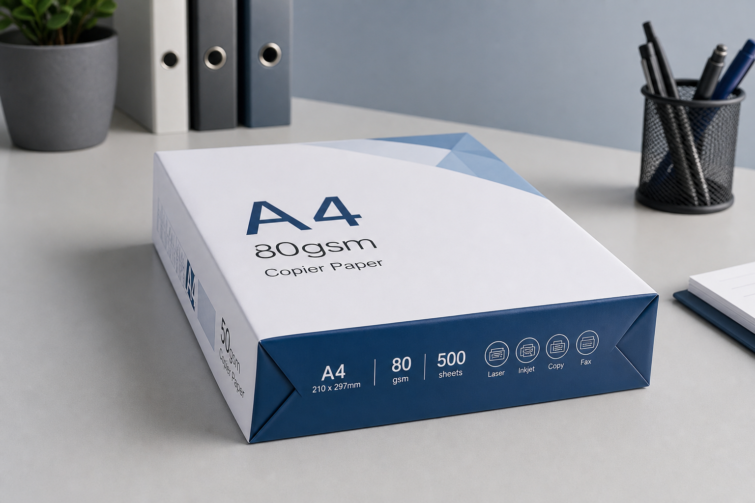 Ream of A4 80gsm printer paper on a clean office desk