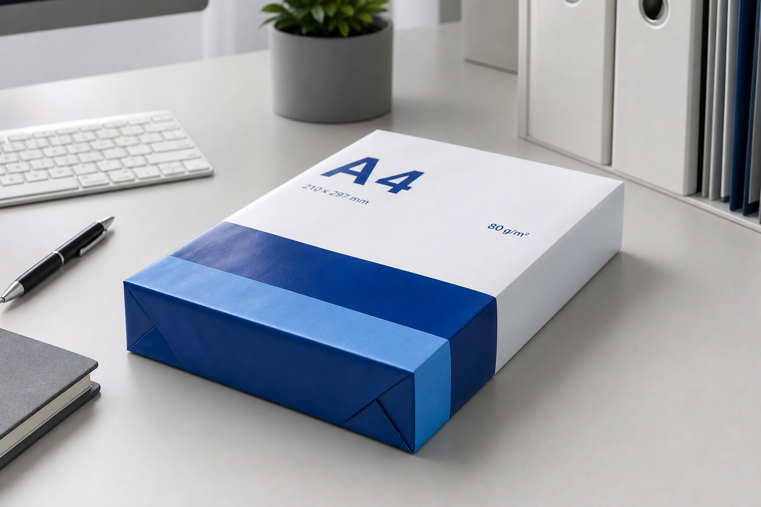 White A4 printer paper ream wrapped in blue packaging