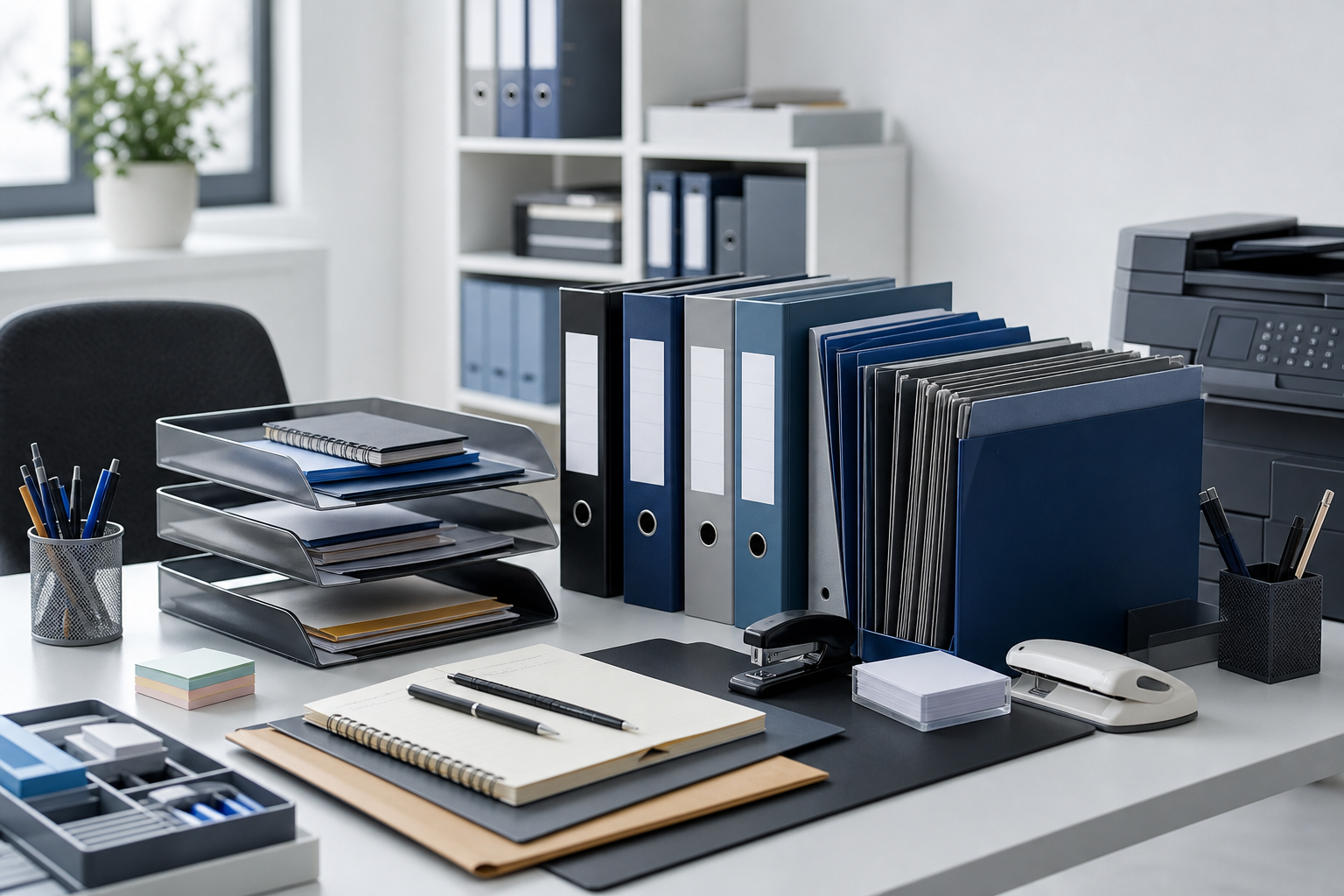 Professional office workspace with organized stationery, files, and desktop equipment prepared for business procurement operations