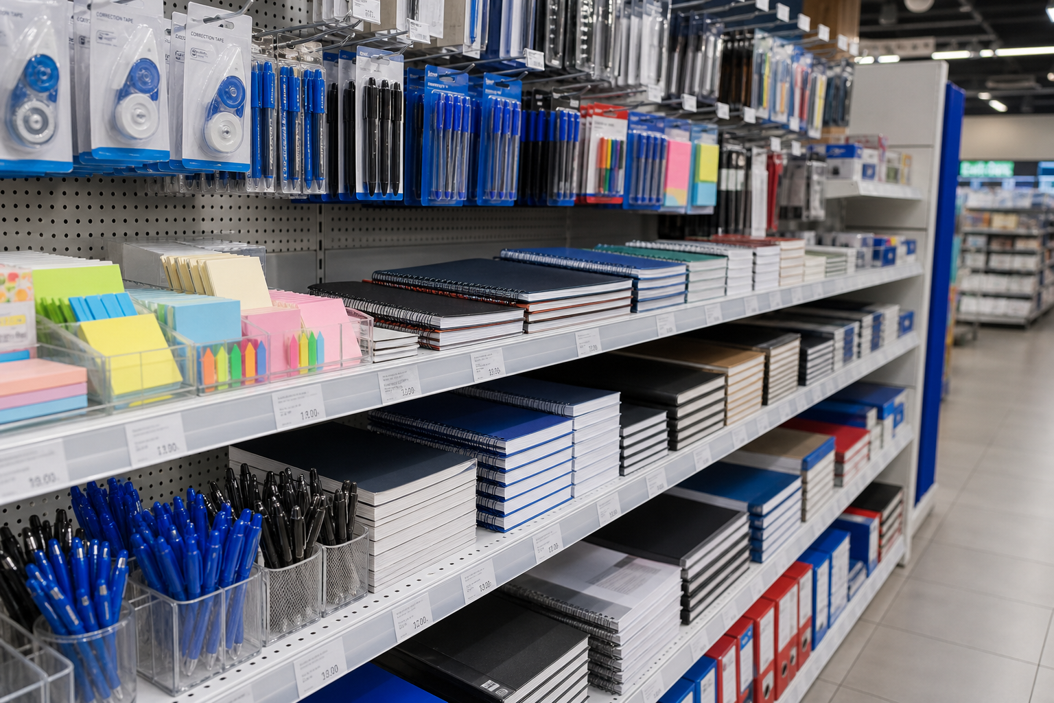 Retail supply setup with checkout accessories, shelf labels, and packaged office essentials in a supermarket aisle