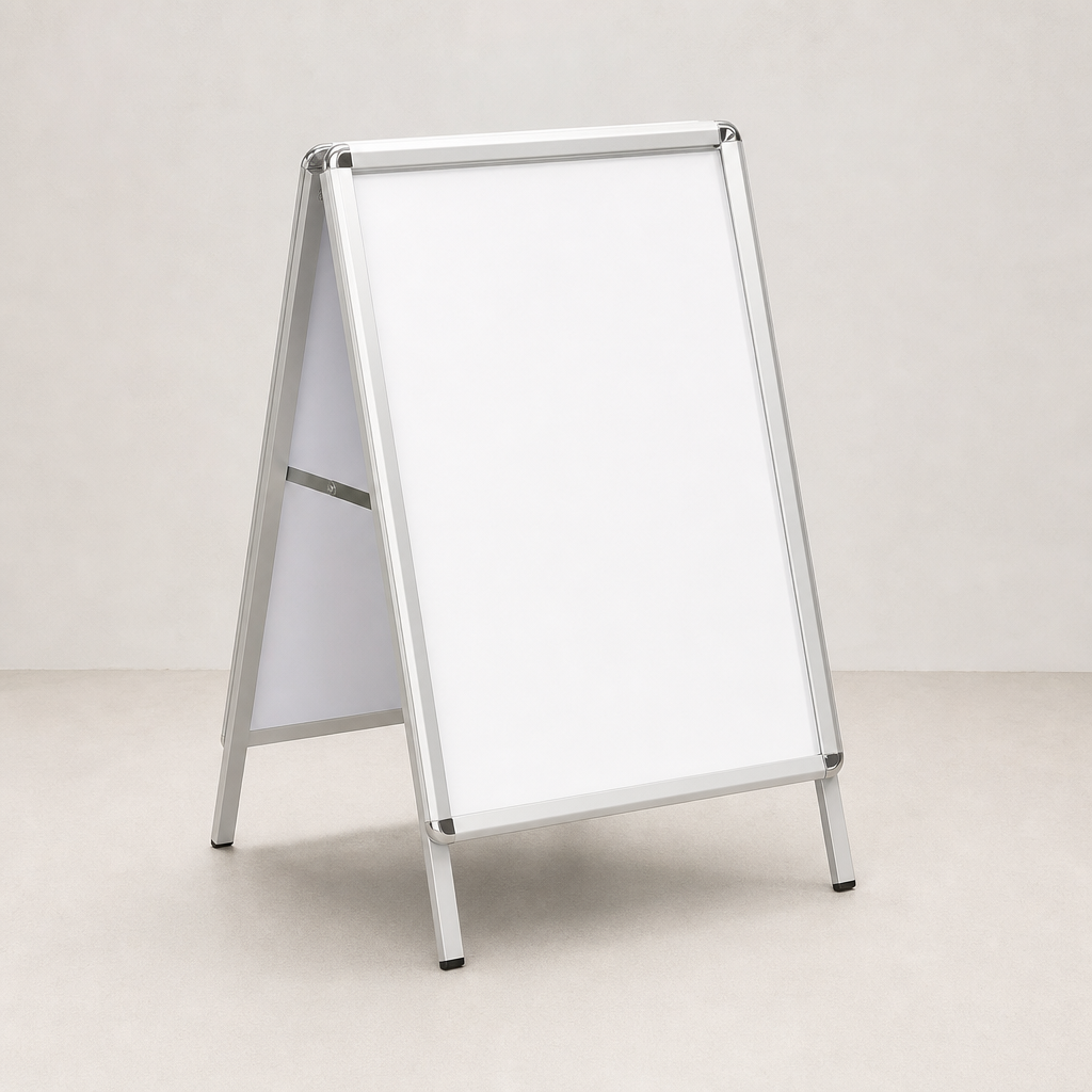Freestanding A-frame signboard with silver metal frame and double-sided insert panels