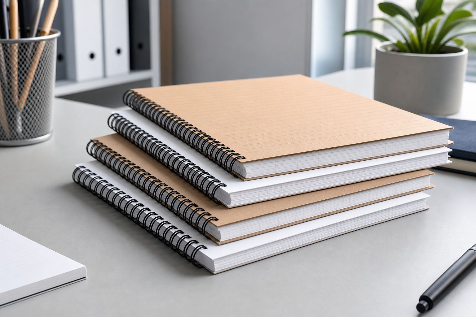 Stack of ruled spiral notepads with kraft and white covers
