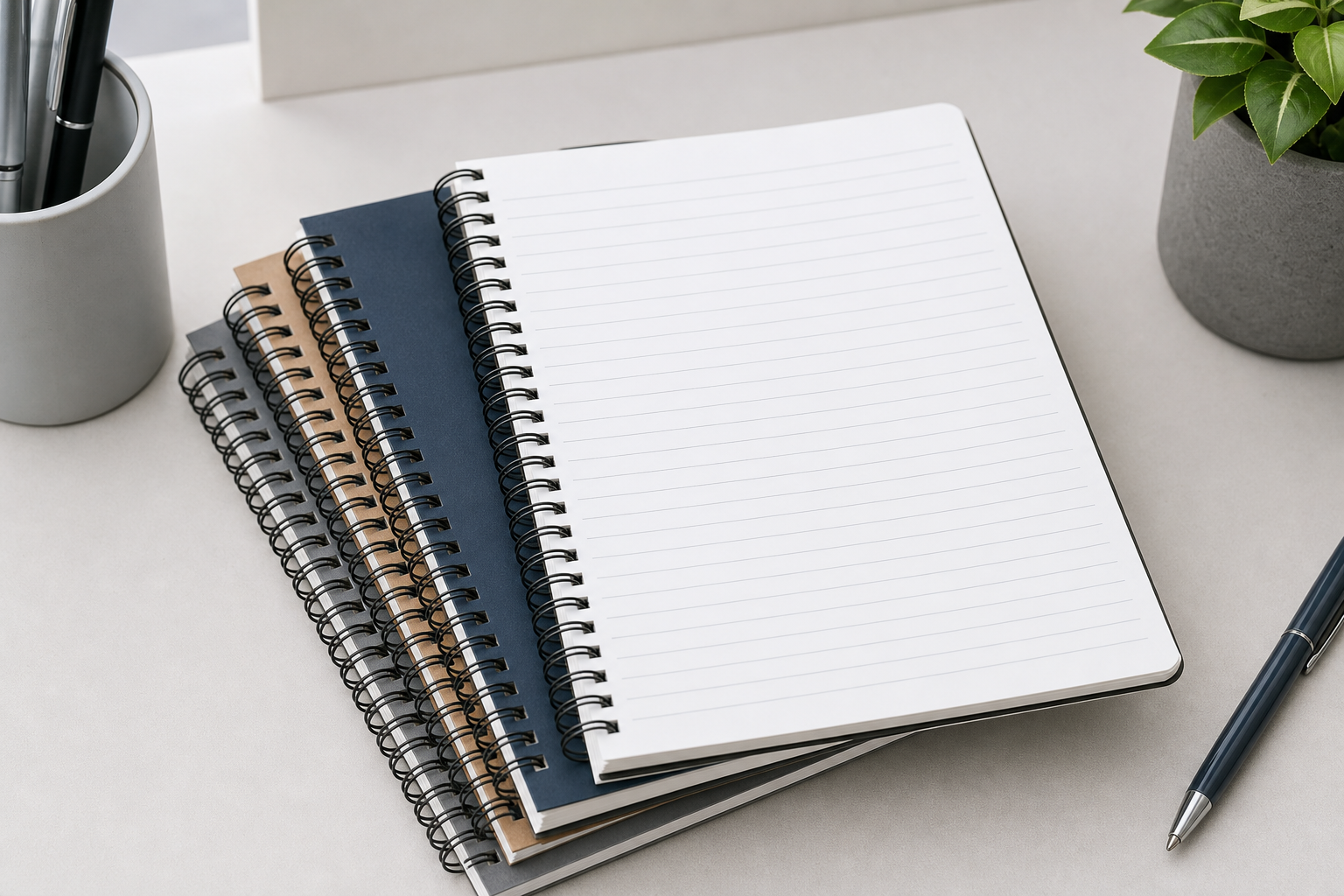 Stack of ruled spiral notepads with one page opened