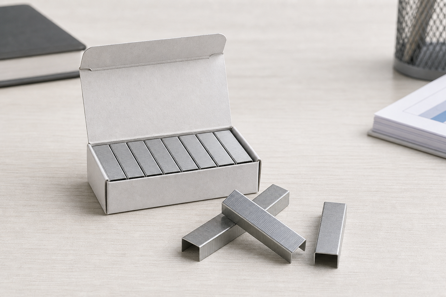 Box of silver standard staples with several staples displayed